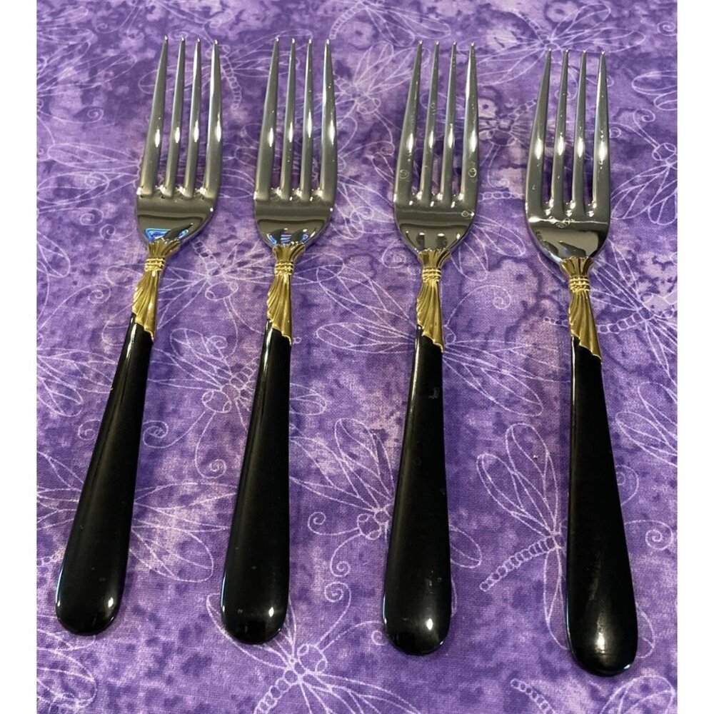 Yamazaki Lindi Salad Forks 18/8 Stainless Black Handle Gold Accent Set Of‎ 4 VTG